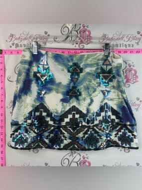 Express skirt sequins sparkly glitter Aztec Blue & Green Sequin Aztec Mini Skirt